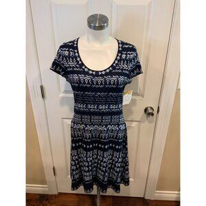 BCBG Max Azria Silk Blue Hailee Geometric Patterned Fit & Flare Dress, Size M